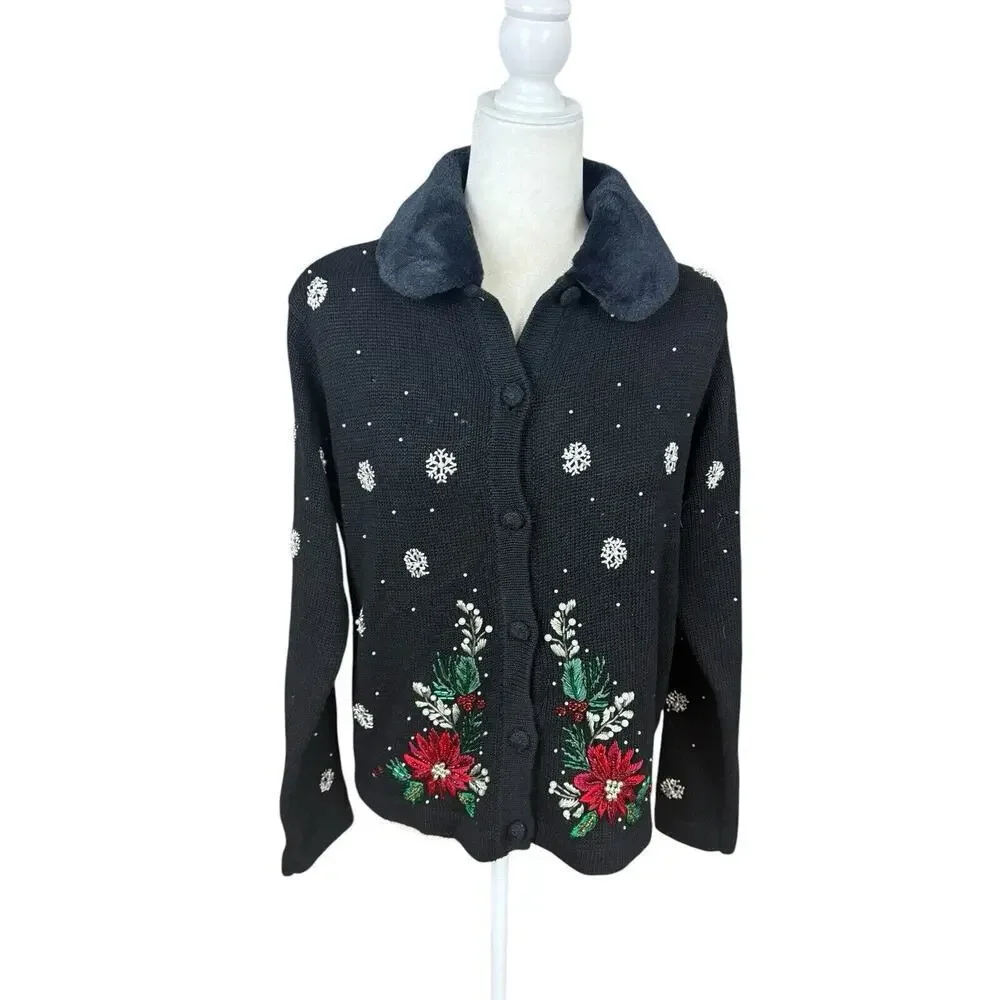 Victoria Jones Sweater Womens Size P/M Black‎ Wool Fur Collar Christmas Cardigan